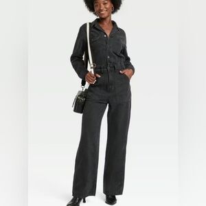 Utility Baggy Black Denim Jumpsuit Long Sleeve Wide Leg Size 6